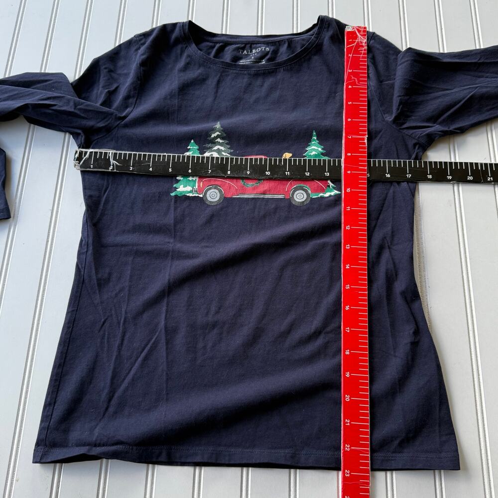 Talbots Navy Blue pullover Long sleeved T-Shirt Christmas Tree Truck size S - Picture 7 of 8